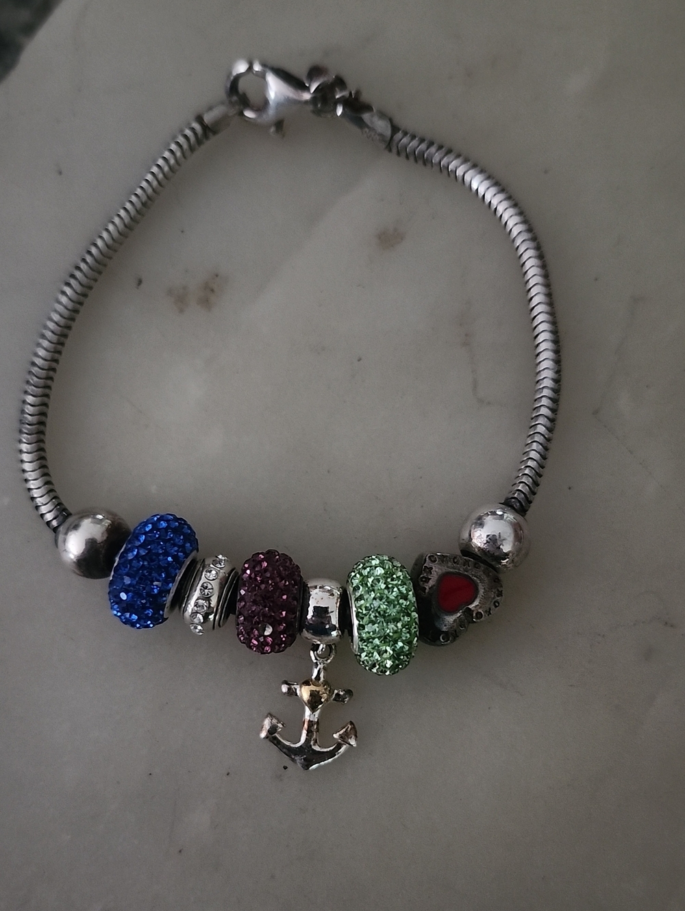 Sterling Silver Anchor Charm Bracelet with Blue, Purple & Green Crystal Beads